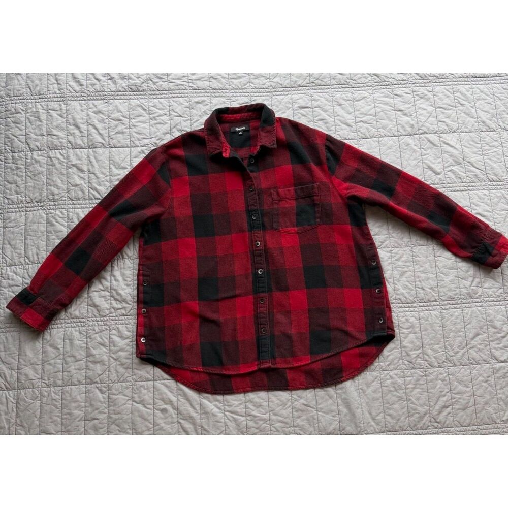 Madewell Oversized Flannel Shirt L Red Black Buffalo Plaid 100% Cotton